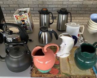 Calphelon Tea Kettle, Lyndt Stymeist pitcher, Russell Hobbs electric Tea Kettle.