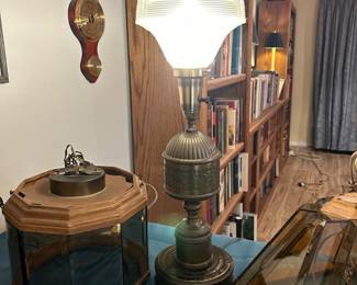 Vintage lamp and three outdoor light fixtures.