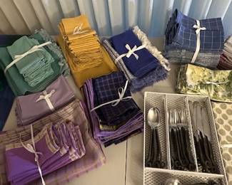 Silk & cotton brand, new sets of napkins and placemats. Hand forged flatware set. 