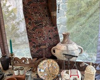 Textiles, Pottery, carved wooden bowls, candle sticks and decorative objects from Southeast Asia.  Astrology Wall Hanging from Thailand. 