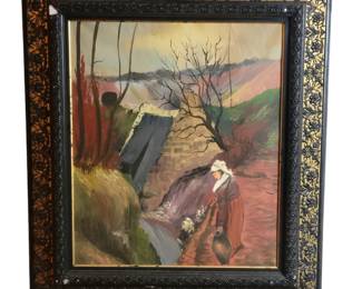 Vintage Original Oil Painting Woman with Water Jug
