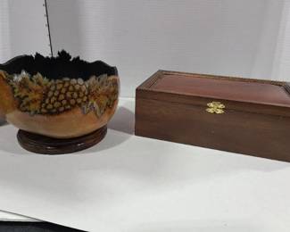 Decorative wooden bowl on base 9 in. diam. handmade by K. Smith, wooden storage box 13 in. wide. Bowl has 2 in. crack on back.