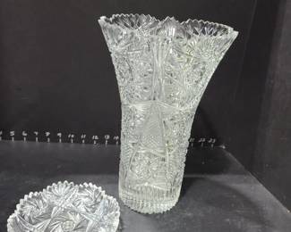 Cut glass vase 11.5 inch and a shallow dish