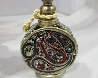 Lovely vintage brass enameled perfume bottle 5 in. tall
