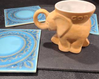 Frankoma 1980 GOP U.S.Pat. D215-868 elephant mug and three 6 x 6 tiles