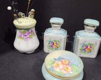 Vintage porcelain painted perfume bottles (2), powder jar, hatpin holder