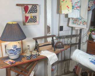 Vintage Laundry Collectables and Linens, Victorian Screen Door, Wooden Ironing Board and Iron