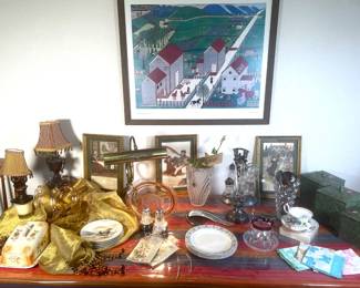 Various Dishes and Glassware, Piano Lamp, Kate Greenaway Prints