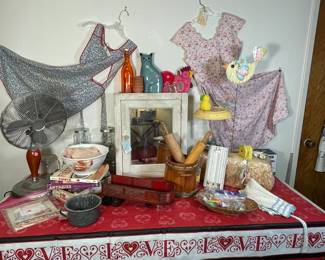 More Kitchen and Laundry Collectables, Vintage Aprons, Antique Medicine Cabinet