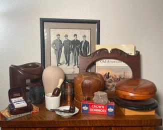 Vintage Men's Collectables, Wood Hat forms and Hymnal Rack
