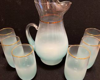 Gold trimmed frosted blue pitcher & glasses