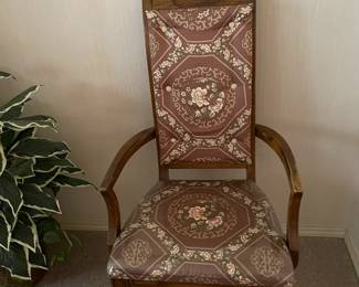 Six dining chairs in tan/ cream and pale pink.