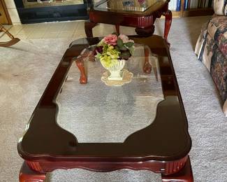 Queen Anne style claw foot coffee table with beveled glass - excellent condition.