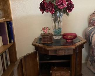 Octagon side table with storage underneath.