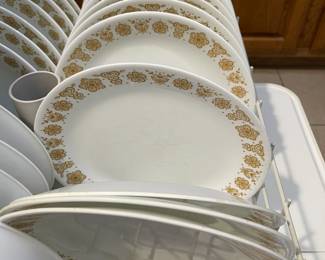 Vintage Corelle Ware Butterfly Gold plates, cups, saucers, cereal bowls, hook style coffee cups, serving bowls and serving platters.