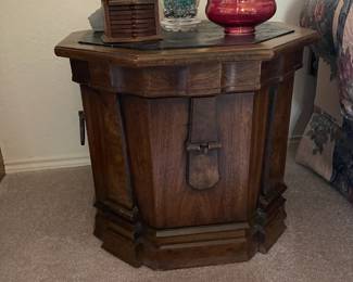 Octagon side table with storage underneath.