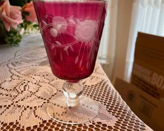 Vintage Ruby Red etched cocktail wine glasses