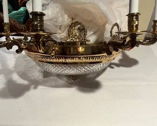 Crystal and brass 8 light hanging chandelier for suring in-person shopping Friday and Saturday.  29" diameter.