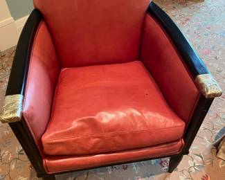 $900. Online purchase available starting at 9 am sharp until 4pm Thursday.  Click message icon for instructions. .   1926 Art Deco design style. William Switzer “Paris” design side chair. Dark wood frame with loose seat cushion in red leather. 17”w X 28”d X 35”h. Originally $3,000.    This is not onsite.