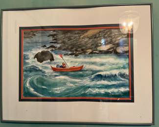 River Rafting scene painted by Marie H. Whitesel for sale during in-person shopping Friday and Satruday.