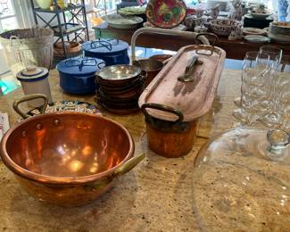 Decorative items for sale during in-person shopping Friday & Saturday only.  E. Dehillerin and antique copper.  Dansk enamelware brand new and others