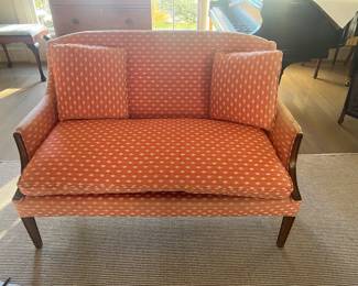 $220  Antique settee as found with some sun fading on the back.  Close up in next photo.  Settee is 48"w x 24"d x 45"h.   Sun damage on arms.  Presale available starting at 9 am sharp until 4pm Thursday.   Click message icon for instructions. 