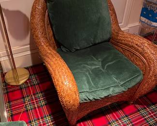 $290 Presale available starting at 9 am sharp until 4pm Thursday.   Click message icon for instructions. Oversized rattan armchair with down cushions of Harris velvet.  32"w x 36"d x 35"h.