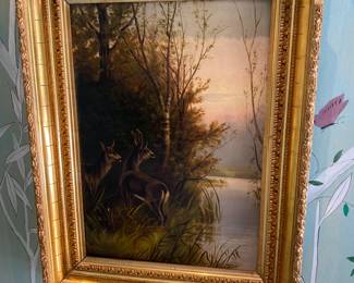 $98.  Antique oil signed by A. J. Smith in beautiful gilded frame.  21"w x 3.5"d x 27"h.  Upper right corner of the frame has a missing piece.Presale available starting at 9 am sharp until 4pm Thursday.   Click message icon for instructions.