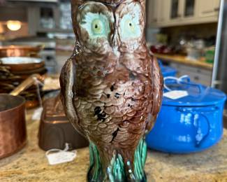 Rare antique Majolica ca 1883 Thomas Forester Owl Jug for sale during in-person shopping Friday and Saturday.