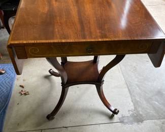 $380. Online purchase available starting at 9 am sharp until 4pm Thursday.   Click message icon for instructions.    Antique Mahogany Drop leaf table with one drawer and side extensions. 40”w (with extensions up) X 18”d X 28”h.   When dro leaf is down it is 26" wide 