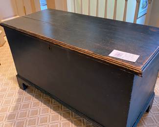 $480. Antique blanket chest from Virginia or North Carolina, mid 19th Century.  Prussian blue over yellow pine dovetailed case, 6 board construction, till on right side, dovetailed bracket feet. 36"w x 17"d x 22"h. Presale available starting at 9 am sharp until 4pm Thursday.  Click message icon for instructions.