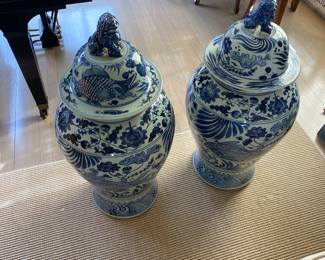 $2400. Pair of antique monumental blue and white lidded urns with Foo Dogs on the lid top.   Circa early 20th century.   38"h to the top of the lids.  14" diameter.  Stunning.  One lid has some slight crazing.  Presale available starting at 9 am sharp until 4pm Thursday.  Click message icon for instructions.
