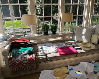 Table linens for sale during in-person shopping Friday & Saturday only. Lamps not for sale.