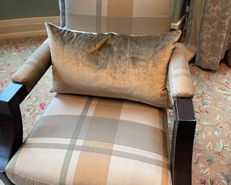 $1800. Online purchase available starting at 9 am sharp until 4pm Thursday.  Click message icon for instructions.    Pair of William Switzer wood-framed arm chairs with silk upholstery and custom down accent  pillows. ‘HMS Queen Elizabeth’ salon chair. Solid beechwood. 27”w X 33.5”d X 31”h. Originally $5000.  These are not onsite