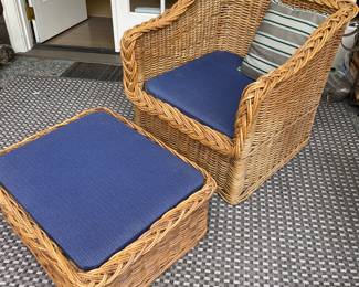 $580. Presale available starting at 9 am sharp until 4pm Thursday.   Click message icon for instructions.  Wicker Works square back lounge chair 32"w x 33"d x 29"h with matching ottoman 30"w x 24"d  x 13"h.  Great condition.  Indoor use.