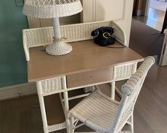 $390.  Presale available starting at 9 am sharp until 4pm Thursday.  Click message icon for instructions. Antique wicker desk with chair a refinished surfaces for writing on.  36"w x 24"d x 37.5"h. As found issue - need a drawer pull.  Lamp sold separately.