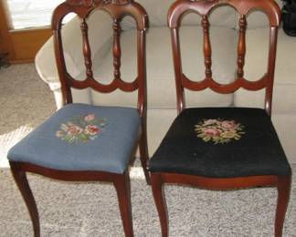 Two Carved Mahogany Chairs with Needlepoint Seats