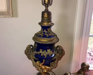 Fine antique cobalt blue lamp with marble base & bronze decorations