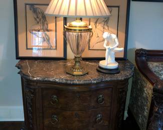 One of a pair of Henredon marble top end tables or nightstands