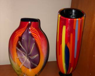 Fine Murano glassware, vase on right signed Seguso with small flake on top back rim