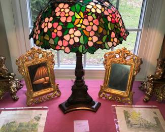 Watercolor drawings by Frank Wilcox, Cleveland. Stained Glass shade probably not Antique on an antique bronze base.