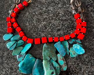 Turquoise and coral necklace.