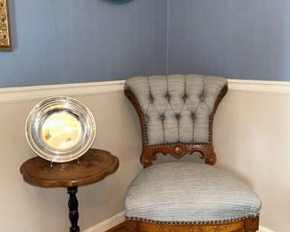 Small Hitchcock table, Tufted Victorian side chair
