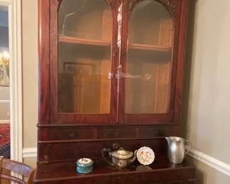 17-18 Century Tall Cherry Glass Front Cabinet, (one glass pane is cracked)