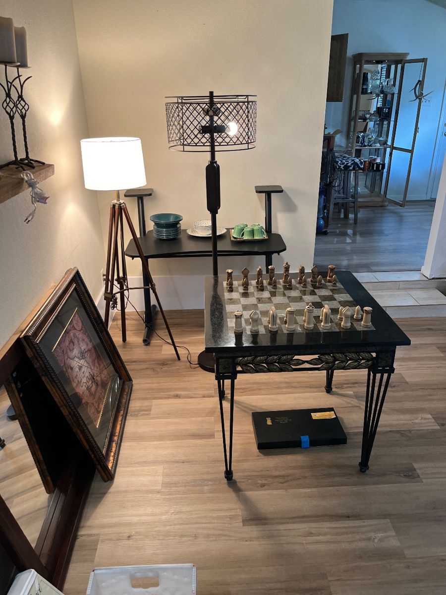 Marble chess table with rare large chess pieces vintage. 