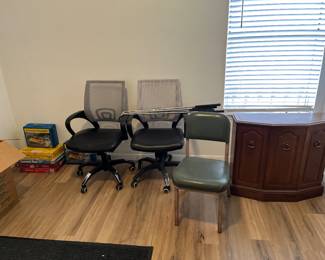 office chairs, matchbox storage cases (one with 15 cars) book cabinet 