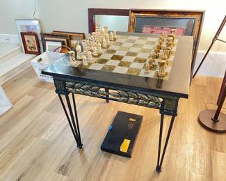 Marble chess and iron table.  Vintage.  Chess pieces form the 1960’s.  