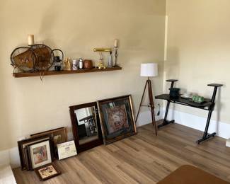 Paintings computer desk, engineers lamp and miscellaneous 