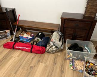 baseball softball equipment.  Net, baseball T, bat bucket of leather balls