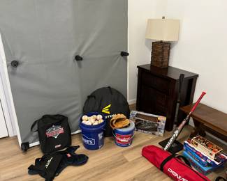 Baseball nets, catching gear, bases (balls are leather not synthetics).  Solid Mahogany bench